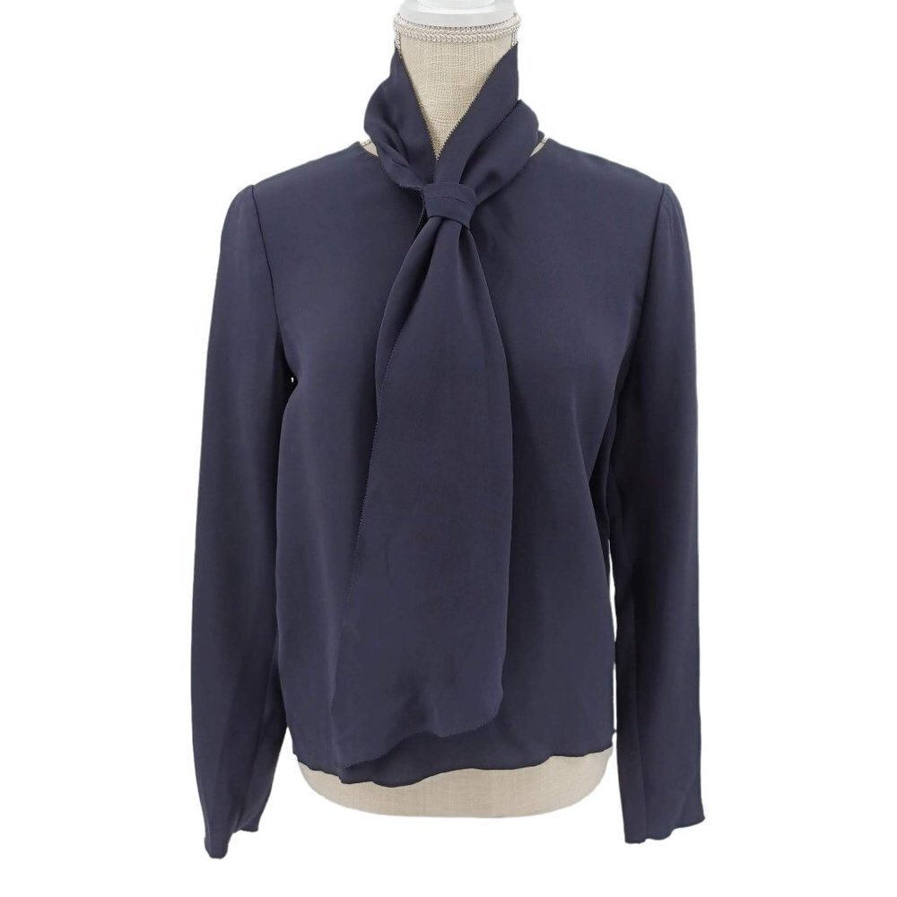 Tory Burch Silk Tie Neck Blouse Navy Blue Women's 2 Career Party Minimalist